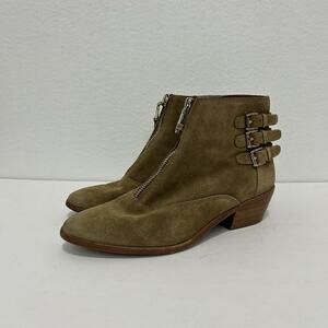 Rebecca Minkoff Tan Suede Zip up Low Heel Booties Buckles Womens 7M